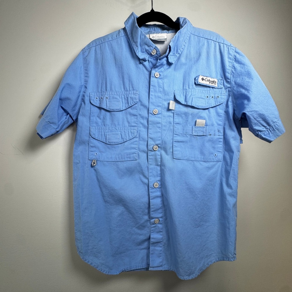 Columbia PFG Boys Fishing Shirt Blue Short Sleeve Button Down Med 10/12 Gorpcore